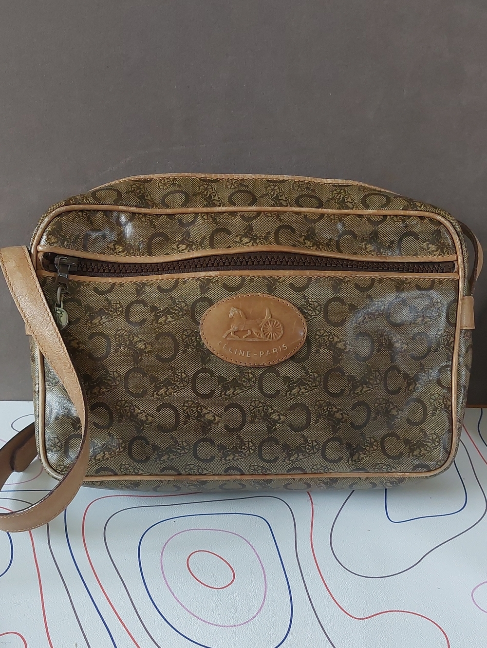 Vintage Celine C Sulky Canvas Monogram Crossbody Bag Horse Carriage